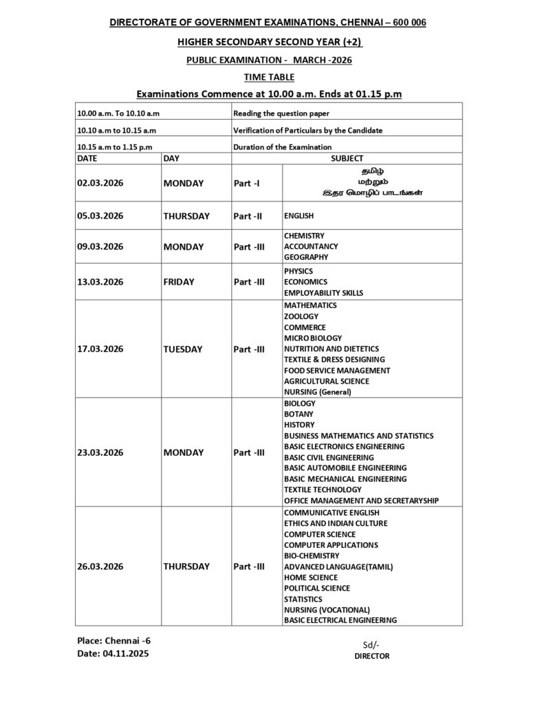 Public Exam Time Table : 2026